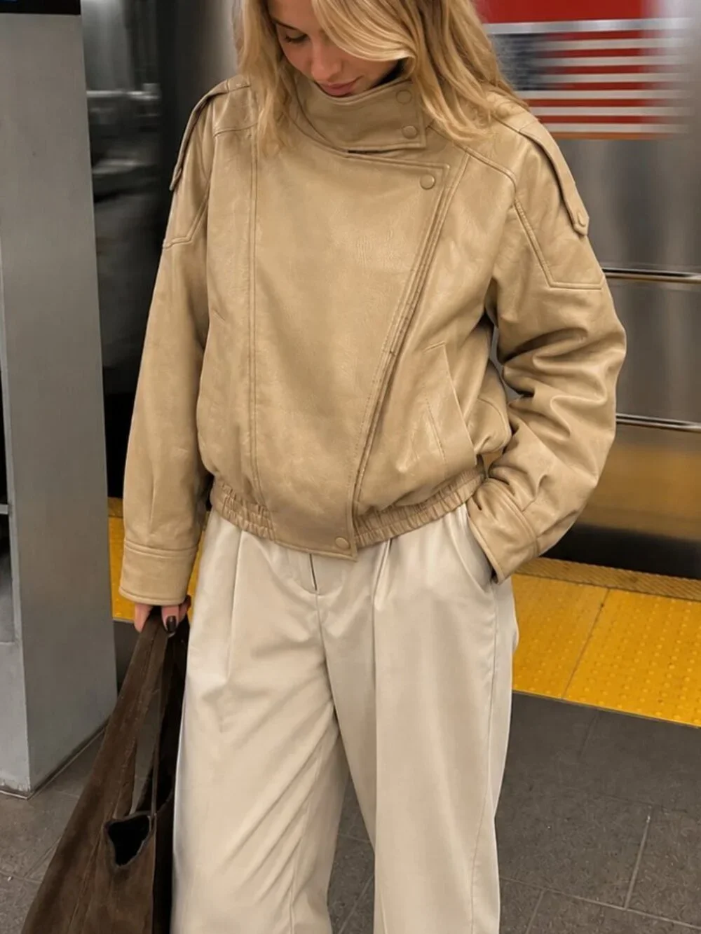 Khaki Casual Women's Oversized High Collar Faux Leather Jacket